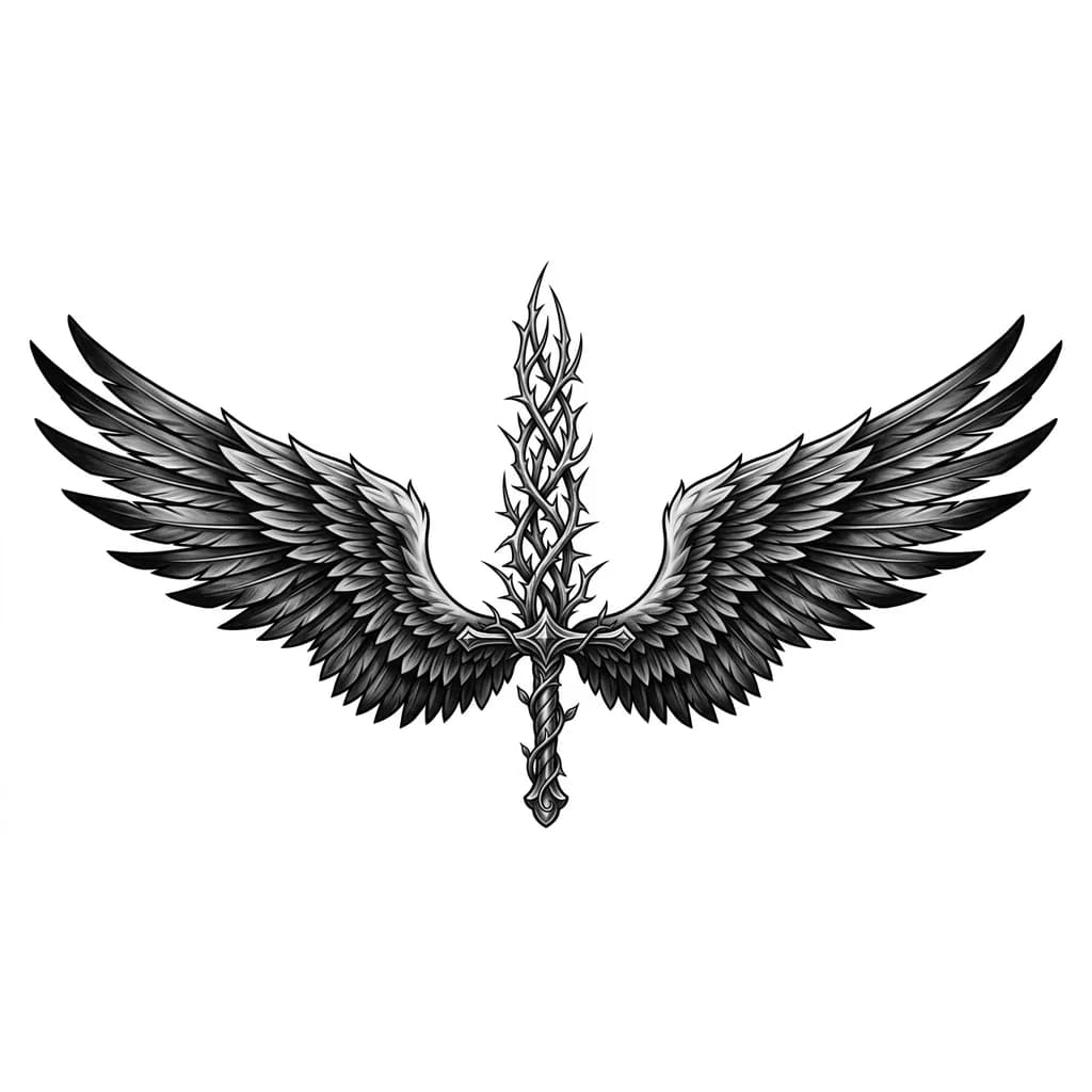 Тату эскиз: Меч длинный, клинок у меча состоит из терновых ветвей. Меч с широкими крыльями ангела