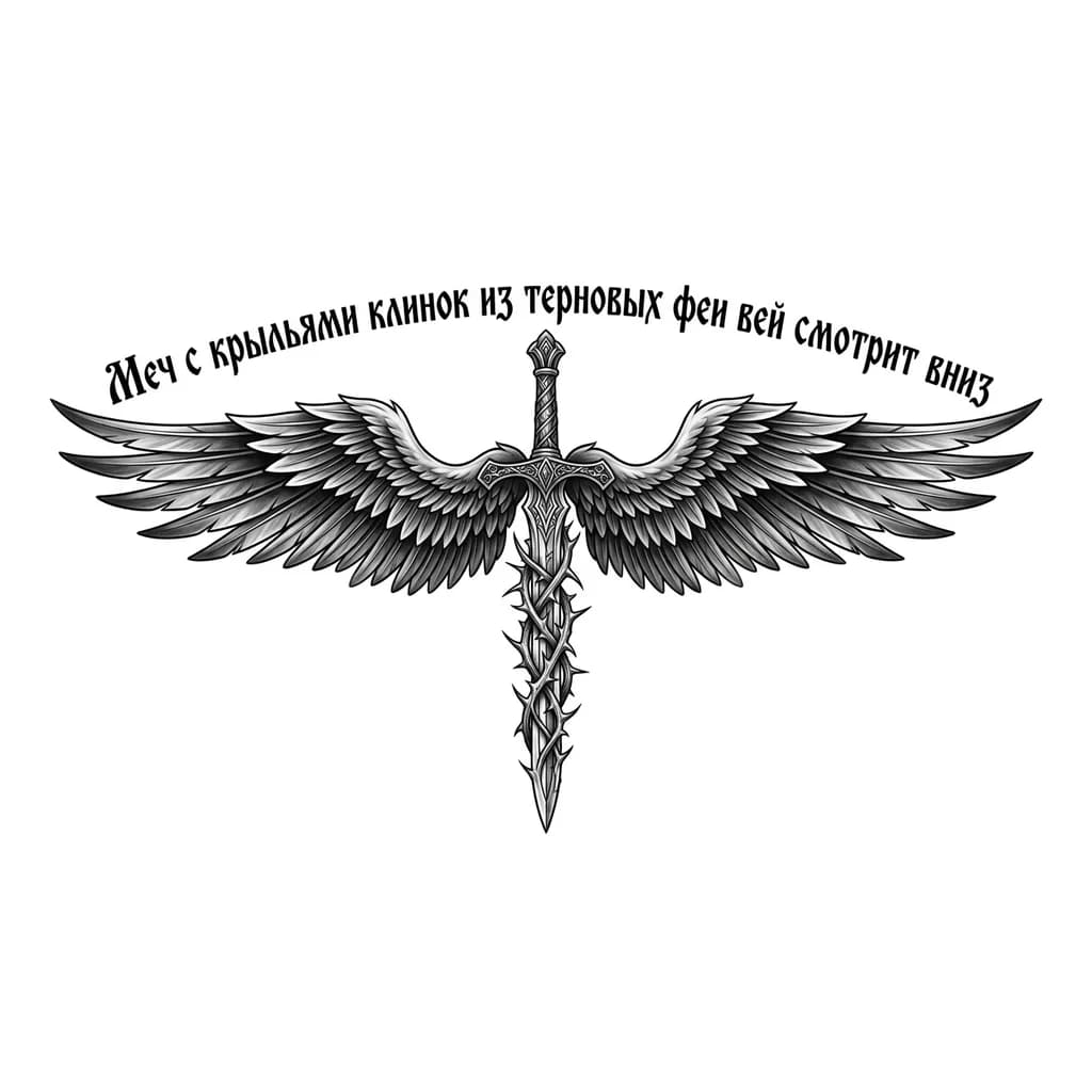 Тату эскиз: Меч длинный, клинок у меча состоит из терновых ветвей. Меч с широкими крыльями ангела
