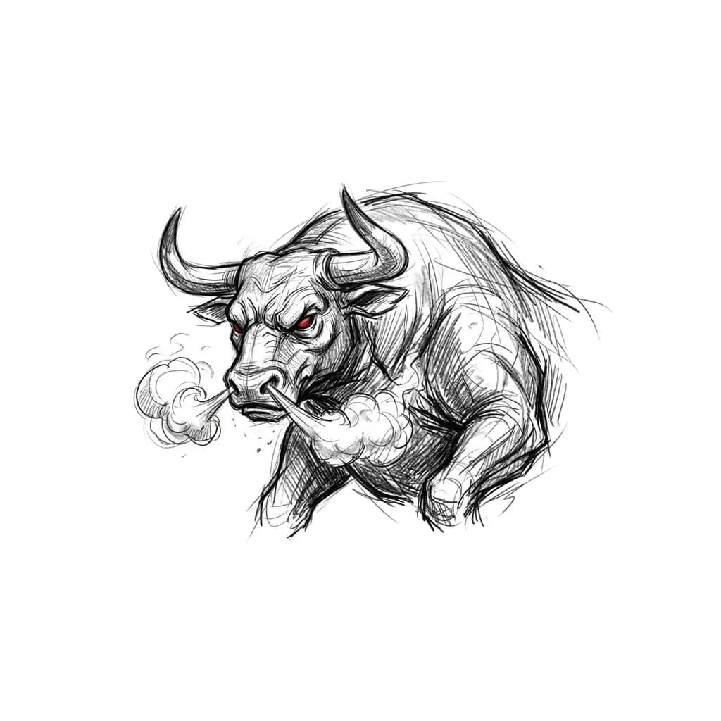Тату эскиз: Скейч на спину бык голова туловище руки,чёрный, злой, дым из ноздрей, глаза красные, гнев