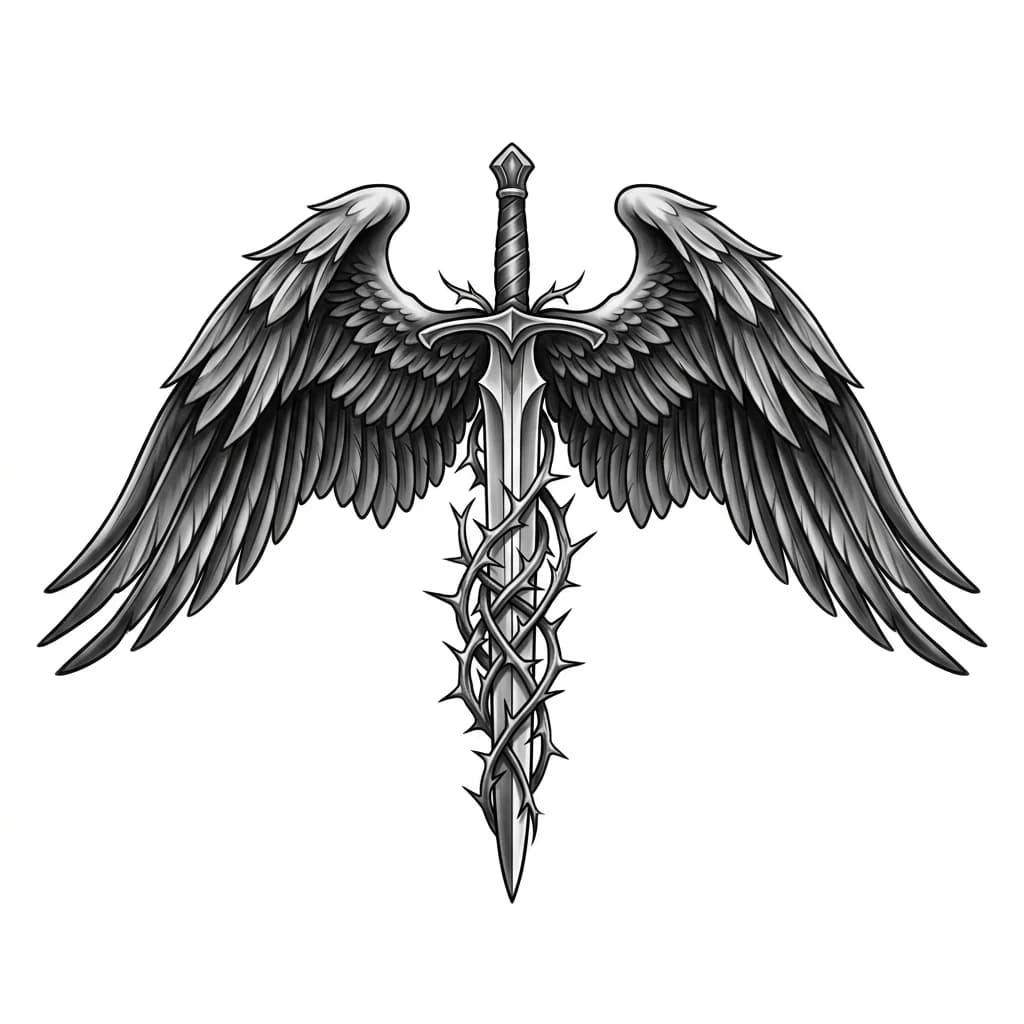 Тату эскиз: Меч клинок смотрит вниз и на половину клинок состоит из терновых ветвей у рукоятки меча расположены большие крылья слегка приспущены вниз