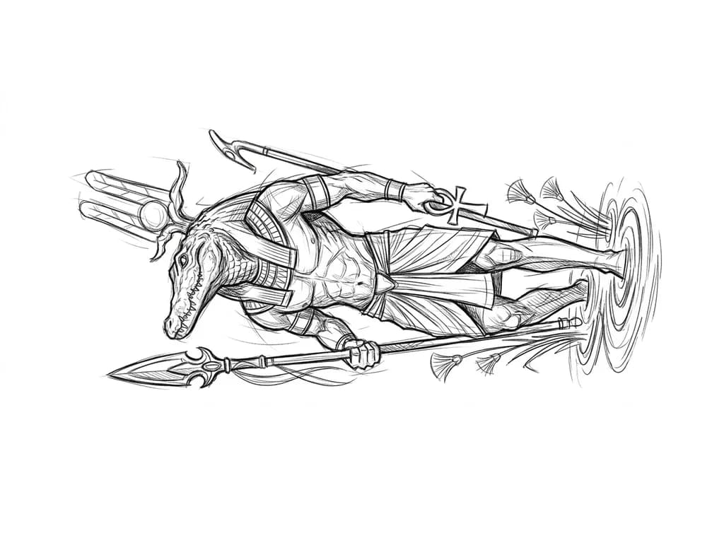 Тату эскиз: Себек  древнеегипетский бог воды с копьем ,на предплечье внешняя сторона 