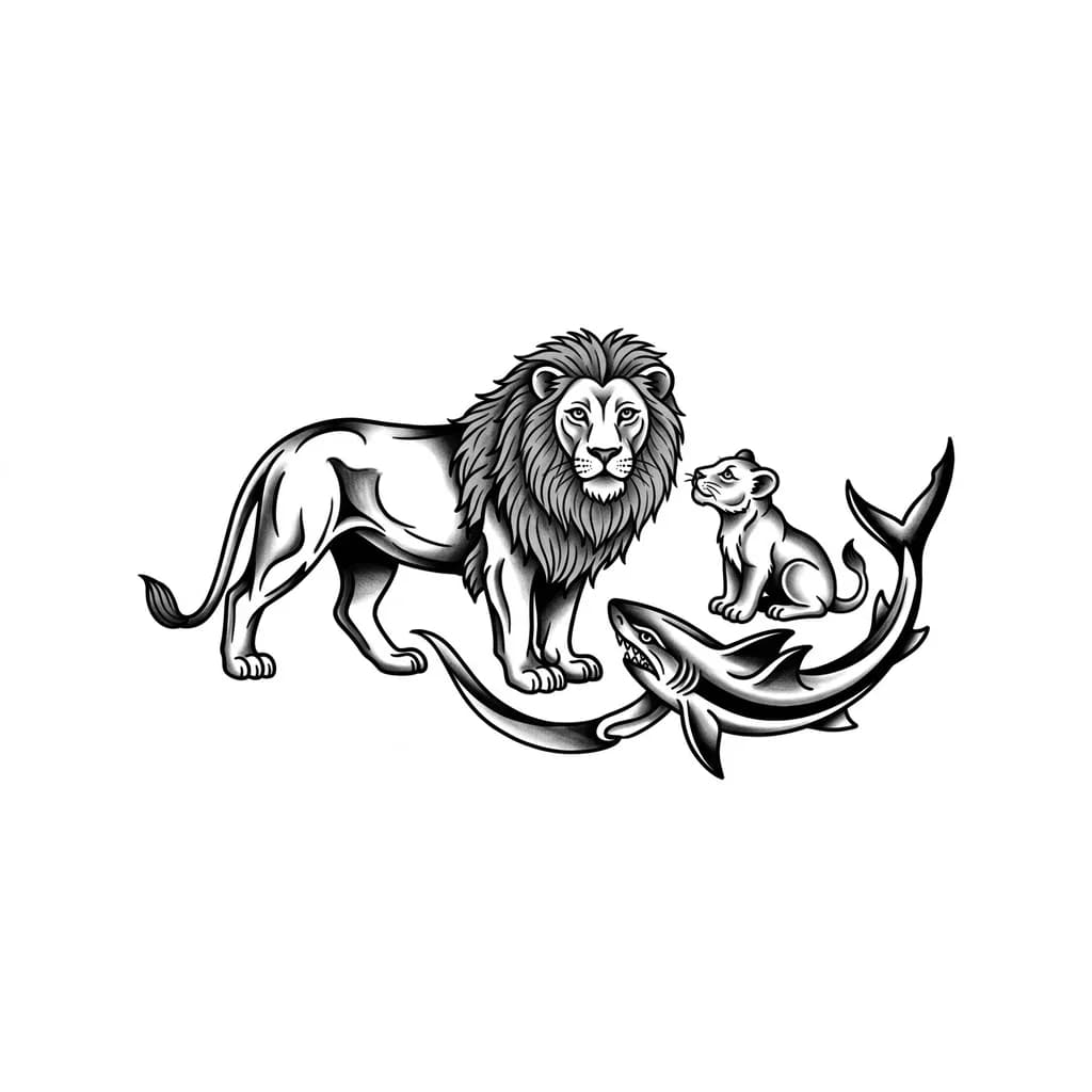 Тату эскиз: Большой сильный лев с седой гривой стоит в фас,  и маленький львёнк сидит рядом и смотрит на папу льва
Под ногами у них акула извивающаяся