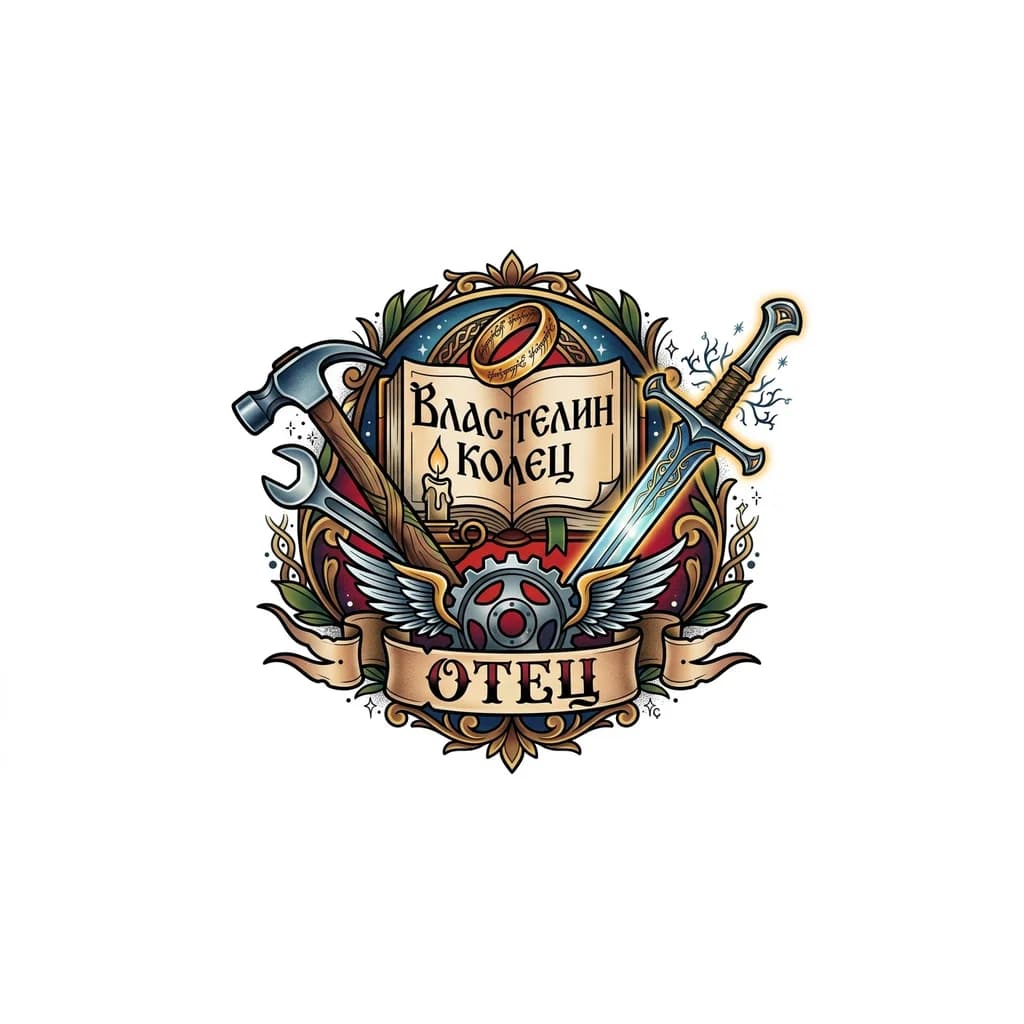 Тату эскиз: Хочу тату, которая будет напоминать мне умершего отца. Он умел всё делать по дому, ремонтировать автомобили и любую технику. Читал очень много книг в жанре фэнтези. Его любимая книга «Властелин колец. У меня остались куча хороших воспоминаний