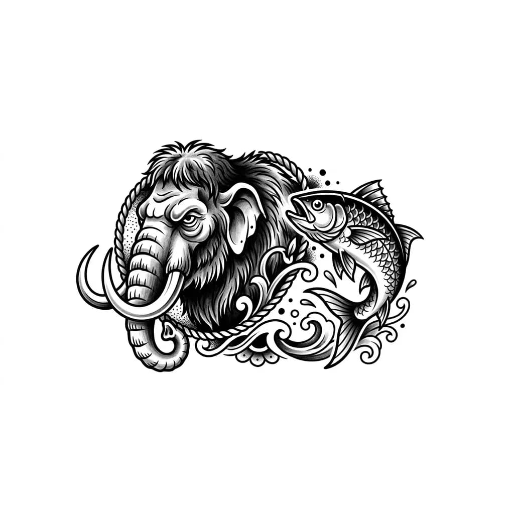 Тату эскиз: На груди rf default мамонт и рыба