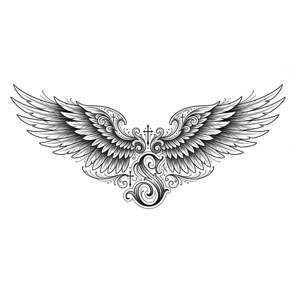 Тату эскиз: Сгенерируй крыло и внизу букву 