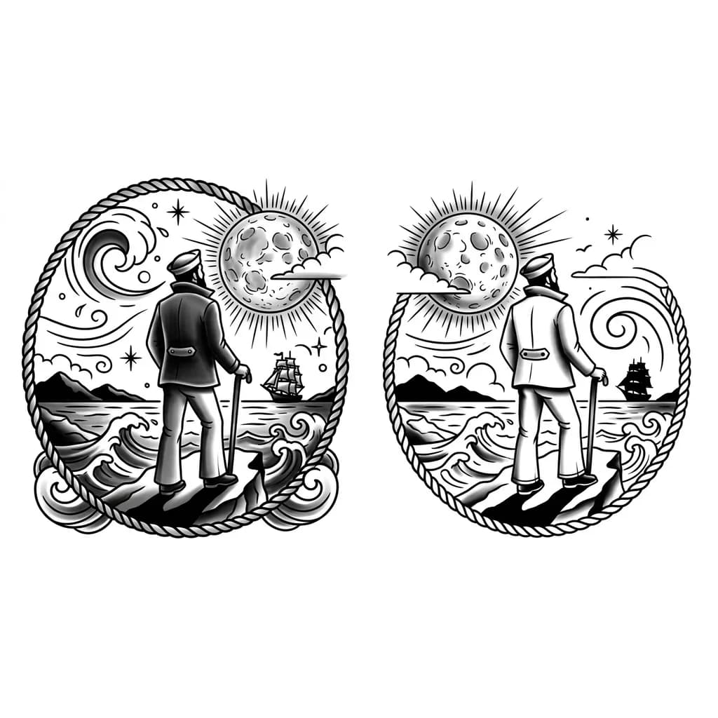 Тату эскиз: Мужчина стоит спиной смотрит на полную луну