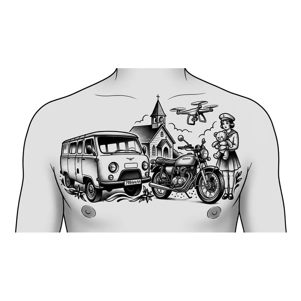 Тату эскиз: Тату на одной груди мужской  на фоне церкви стоит уаз буханка с черными номерами 7984рк44 , рядом с буханкой мотоцикл Honda cb 400 , рядом с мотоциклом стоит девочка и держит мишку игрушку в руках . В небе весит дрон