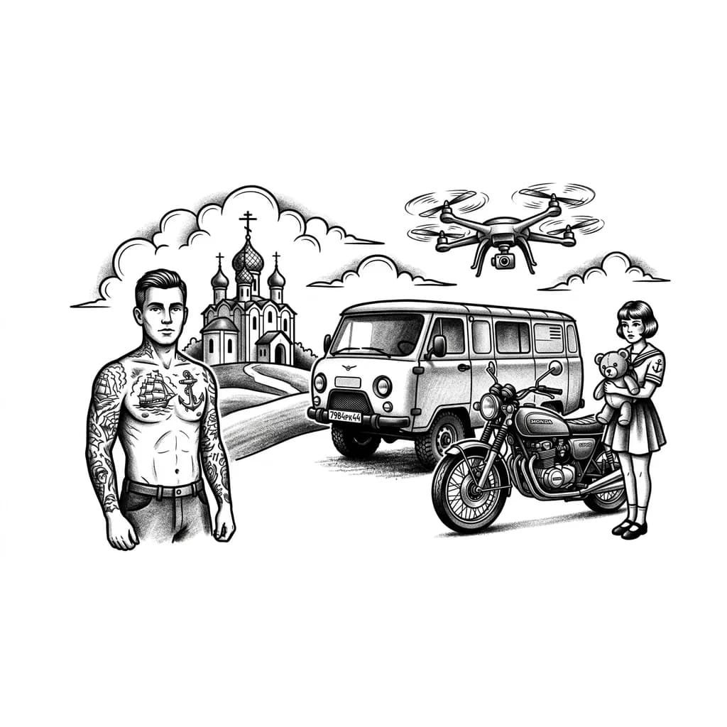 Тату эскиз: Тату на одной груди мужской  на фоне церкви стоит уаз буханка с черными номерами 7984рк44 , рядом с буханкой мотоцикл Honda cb 400 , рядом с мотоциклом стоит девочка и держит мишку игрушку в руках . В небе весит дрон