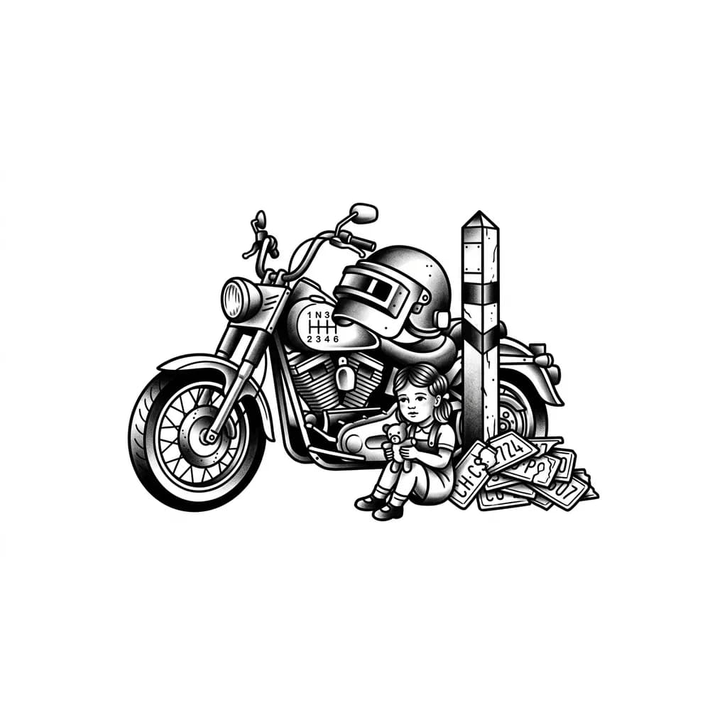 Тату эскиз: Шлем пабг вокруг шлема порядок переключения передач на мотоцикле , рядом приграничный столб с бритыми гос номерами и рядом сидит маленькая девочка с игрушкой в руках и ждет 