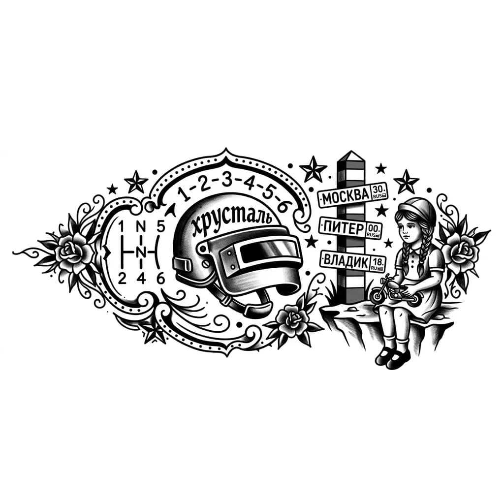 Тату эскиз: Тату на одной груди мужской , шлем пабг , вокруг шлема порядок переключения передач на мотоцикле, на шлеме написано хрусталь , рядом стоит приграничный столб с прибитыми госномерами. Около столба сидит девочка с игрушкой в руках 
