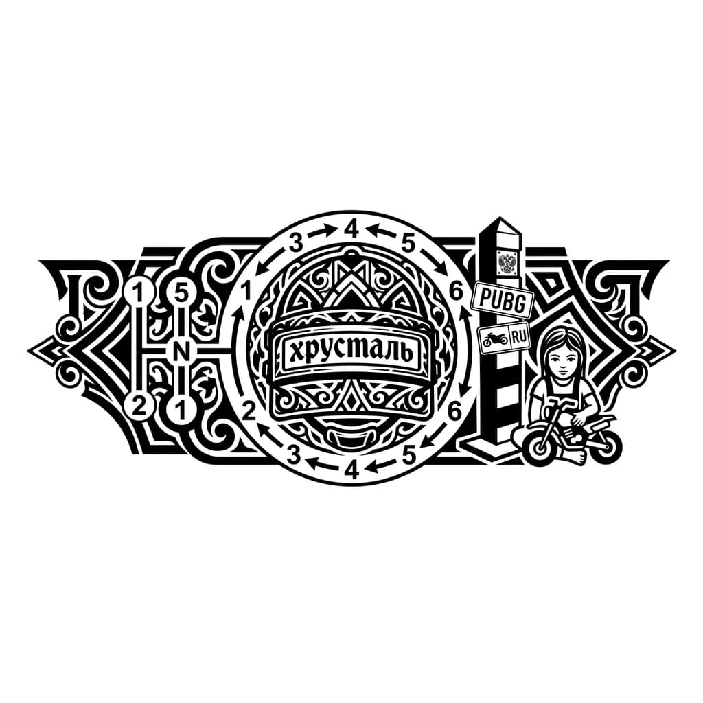 Тату эскиз: Тату на одной груди мужской , шлем пабг , вокруг шлема порядок переключения передач на мотоцикле, на шлеме написано хрусталь , рядом стоит приграничный столб с прибитыми госномерами. Около столба сидит девочка с игрушкой в руках 
