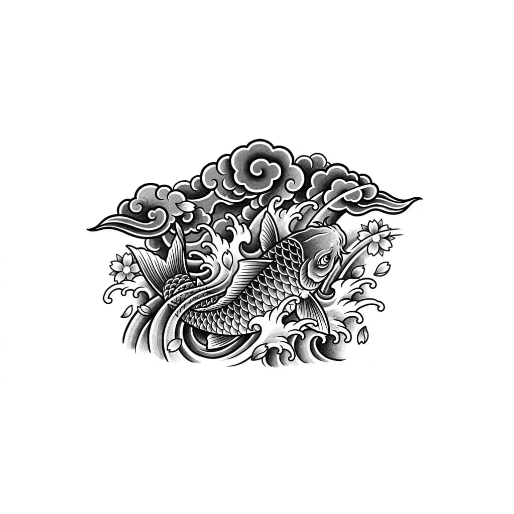 Тату эскиз: Карп кои с волнами