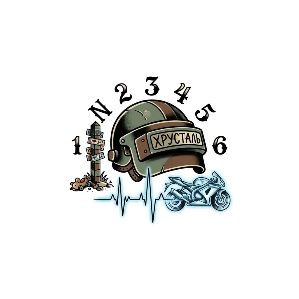 Тату эскиз: Тату на одну грудь мужскую , шлем пабг , на шлеме написано хрусталь , вокруг шлема цифры порядка  переключения передач на мотоцикле , под шлемом галограма сердцебиения которая рисует спортбайк , рядом приграничный столб с прибитыми госномерами , около столба лежит детская игрушка 
