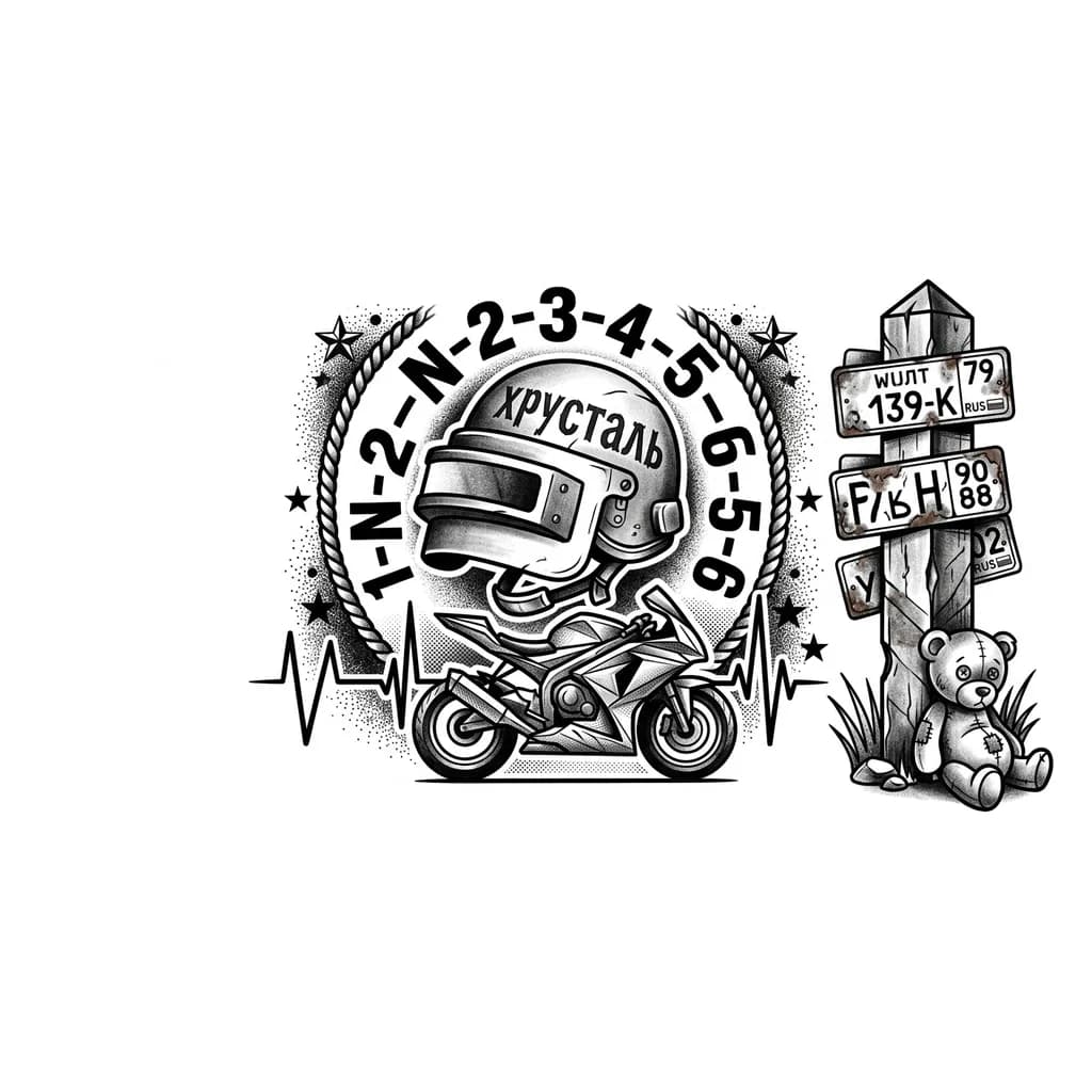 Тату эскиз: Тату на одну грудь мужскую , шлем пабг , на шлеме написано хрусталь , вокруг шлема цифры порядка  переключения передач на мотоцикле , под шлемом галограма сердцебиения которая рисует спортбайк , рядом приграничный столб с прибитыми госномерами , около столба лежит детская игрушка медвеженка