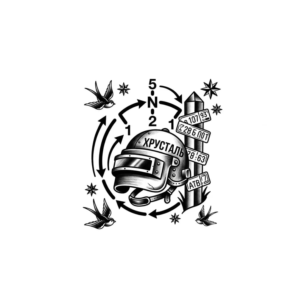 Тату эскиз: Шлем пабг на нем написано хрусталь , вокруг шлема порядок переключения передач на мотоцикле , рядом приграничный столб с госномерами машин 
