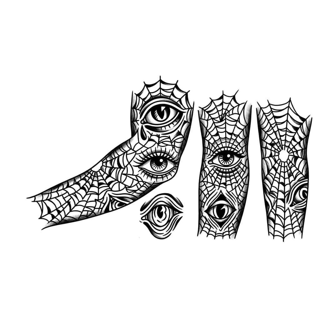 Тату эскиз: Создай эскиз татуировки для полурукава от запястья до локтя с продолжением на обратной стороне руки. Основной элемент — тонкая, но выразительная паутина, покрывающая всю поверхность руки. В паутине размещены 3–5 глаз, каждый с уникальной формой и размером. Глаза не реалистичные, а стилизованные: с толстыми контурами, без мелких деталей. Чёрно-белая гамма, высокая контрастность. чтобы можно было закрасить