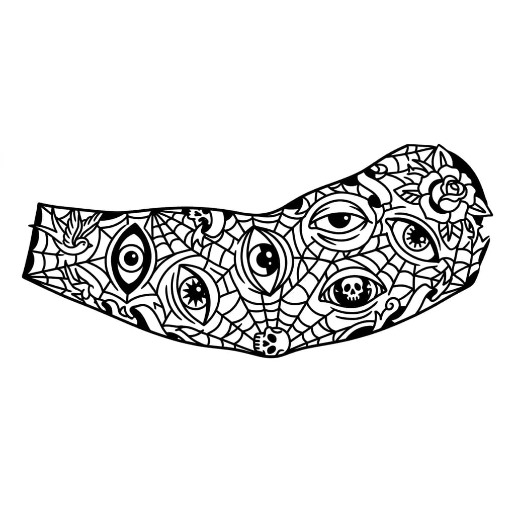 Тату эскиз: Создай эскиз татуировки для полурукава от запястья до локтя с продолжением на обратной стороне руки. Основной элемент — тонкая, но выразительная паутина, покрывающая всю поверхность руки. В паутине размещены 3–5 глаз, каждый с уникальной формой и размером. Глаза не реалистичные, а стилизованные: с толстыми контурами, без мелких деталей. Чёрно-белая гамма, высокая контрастность.Создай эскиз татуировки для полурукава от запястья до локтя с продолжением на обратной стороне руки. Основной элемент — 