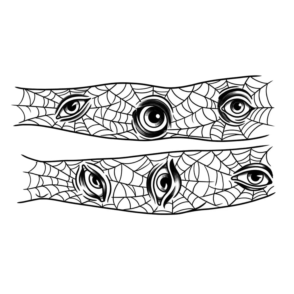 Тату эскиз: Создай эскиз татуировки для полурукава от запястья до локтя с продолжением на обратной стороне руки. Основной элемент — тонкая, но выразительная паутина, покрывающая всю поверхность руки. В паутине размещены 3–5 глаз, каждый с уникальной формой и размером. Глаза не реалистичные, а стилизованные: с толстыми контурами, без мелких деталей. Чёрно-белая гамма, высокая контрастность. чтобы можно было закрасить