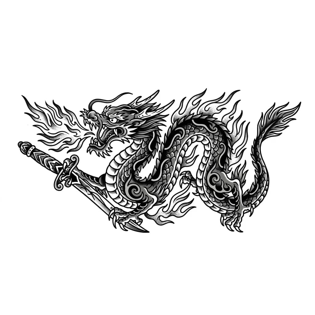 Тату эскиз: Дракон 🐉 с огнём 🔥 и мечом ⚔️