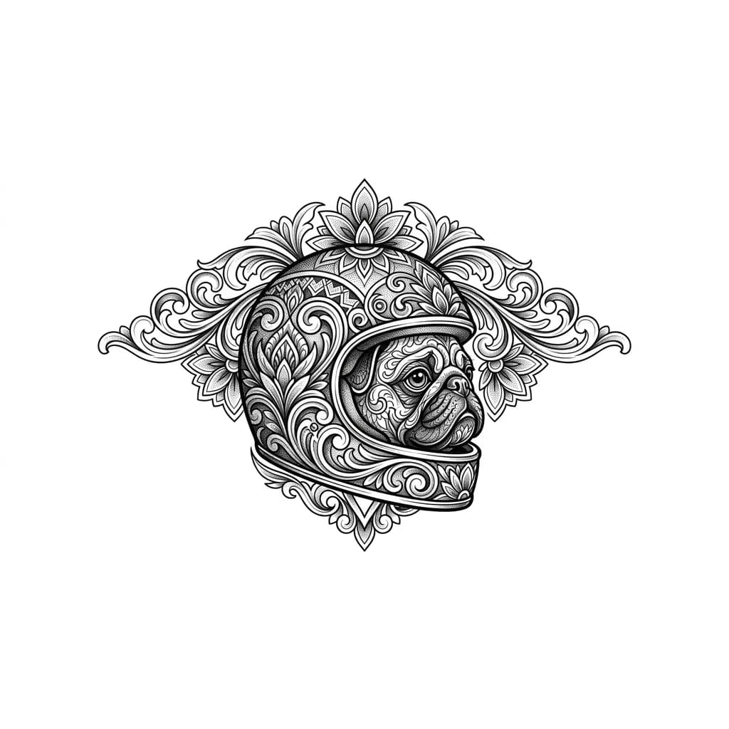 Тату эскиз: Мопс в мото шлеме голва повернута в право 