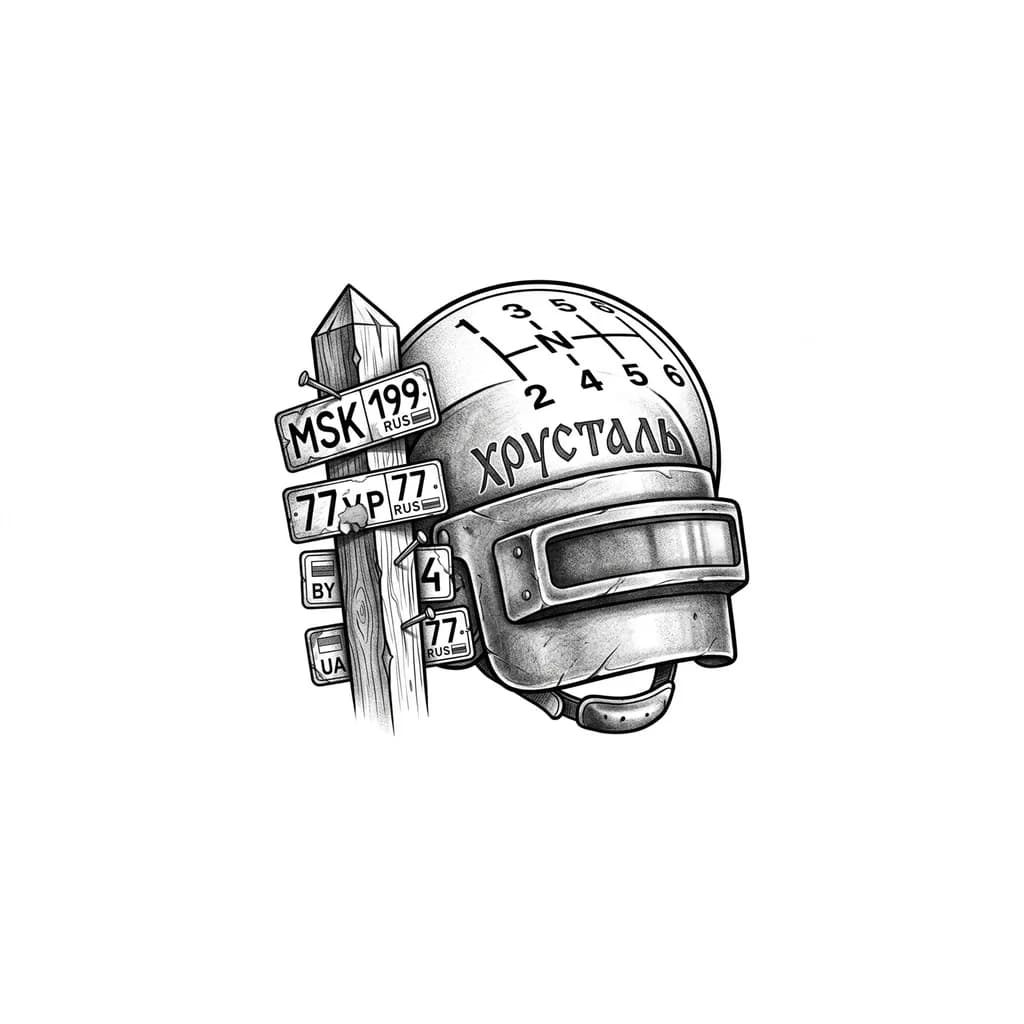 Тату эскиз: Тату на одной груди мужской , шлем пабг , вокруг шлема порядок переключения передач на мотоцикле, на шлеме написано хрусталь , рядом стоит приграничный столб с прибитыми госномерами