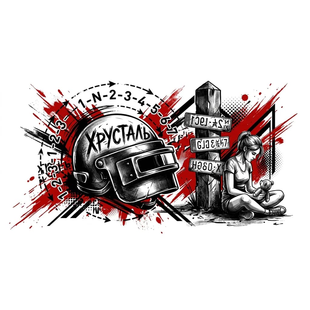 Тату эскиз: Тату на одной груди мужской , шлем пабг , вокруг шлема порядок переключения передач на мотоцикле, на шлеме написано хрусталь , рядом стоит приграничный столб с прибитыми госномерами. Около столба сидит девочка с игрушкой в руках