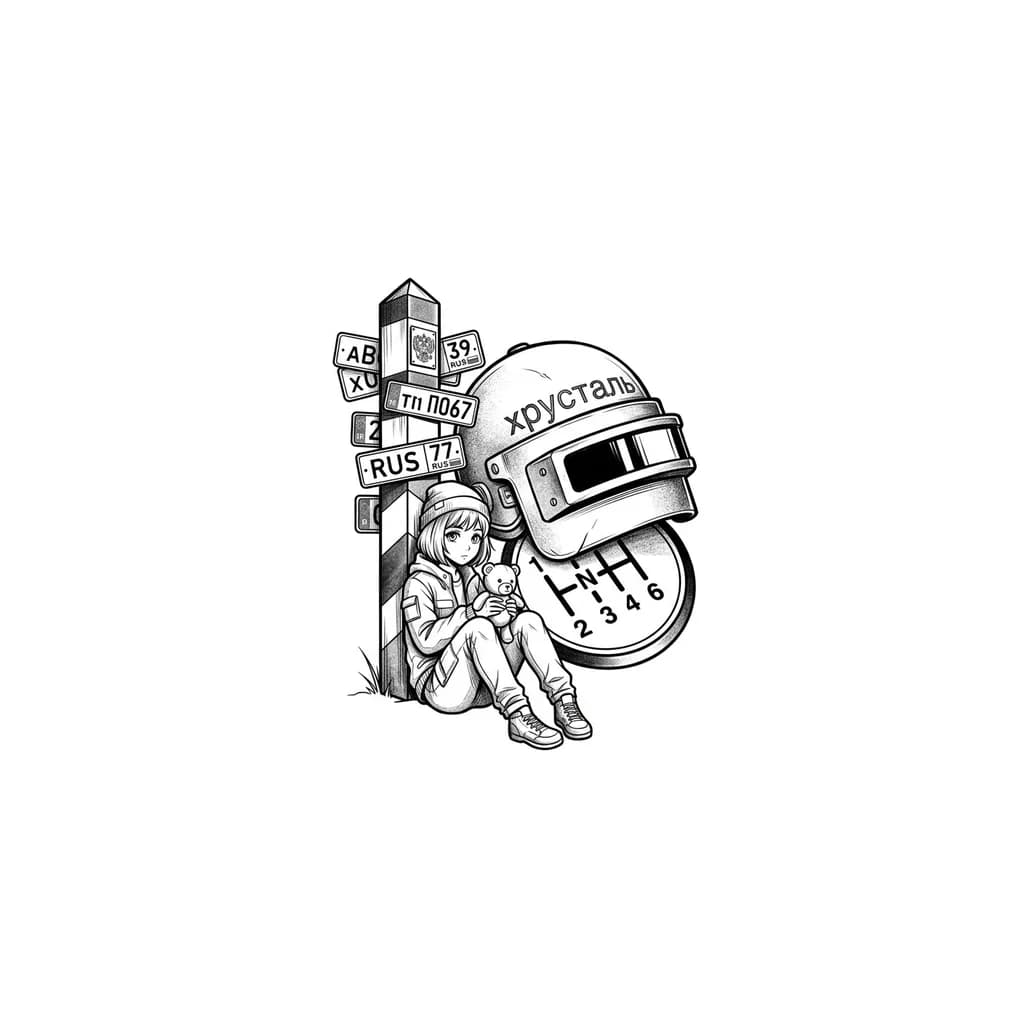 Тату эскиз: Тату на одной груди мужской , шлем пабг , вокруг шлема порядок переключения передач на мотоцикле, на шлеме написано хрусталь , рядом стоит приграничный столб с прибитыми госномерами. Около столба сидит девочка с игрушкой в руках