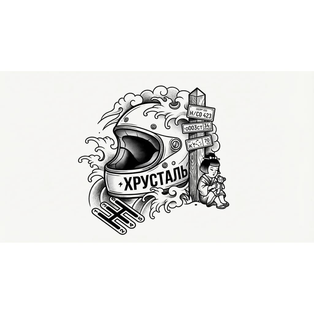 Тату эскиз: Тату на одной груди мужской , шлем пабг , вокруг шлема порядок переключения передач на мотоцикле, на шлеме написано хрусталь , рядом стоит приграничный столб с прибитыми госномерами. Около столба сидит девочка с игрушкой в руках