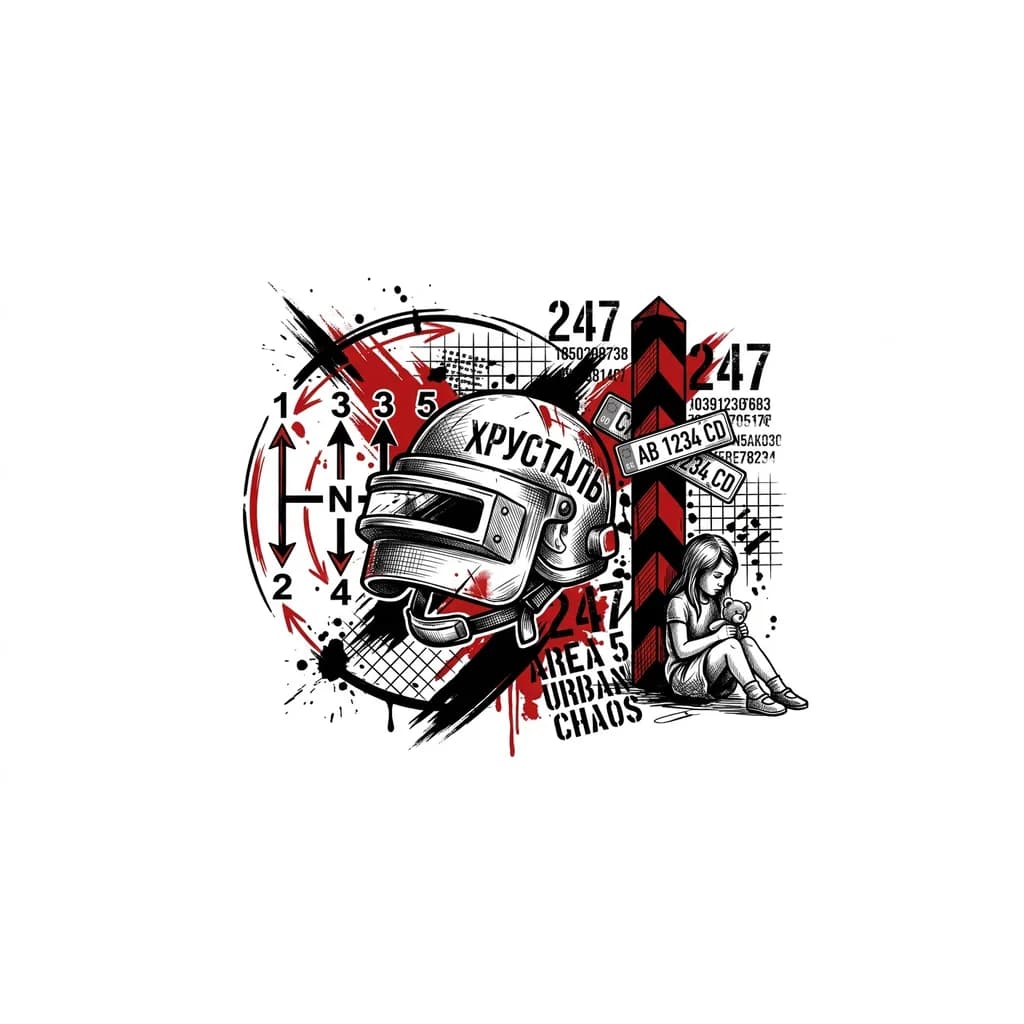 Тату эскиз: Тату на одной груди мужской , шлем пабг , вокруг шлема порядок переключения передач на мотоцикле, на шлеме написано хрусталь , рядом стоит приграничный столб с прибитыми госномерами. Около столба сидит девочка с игрушкой в руках