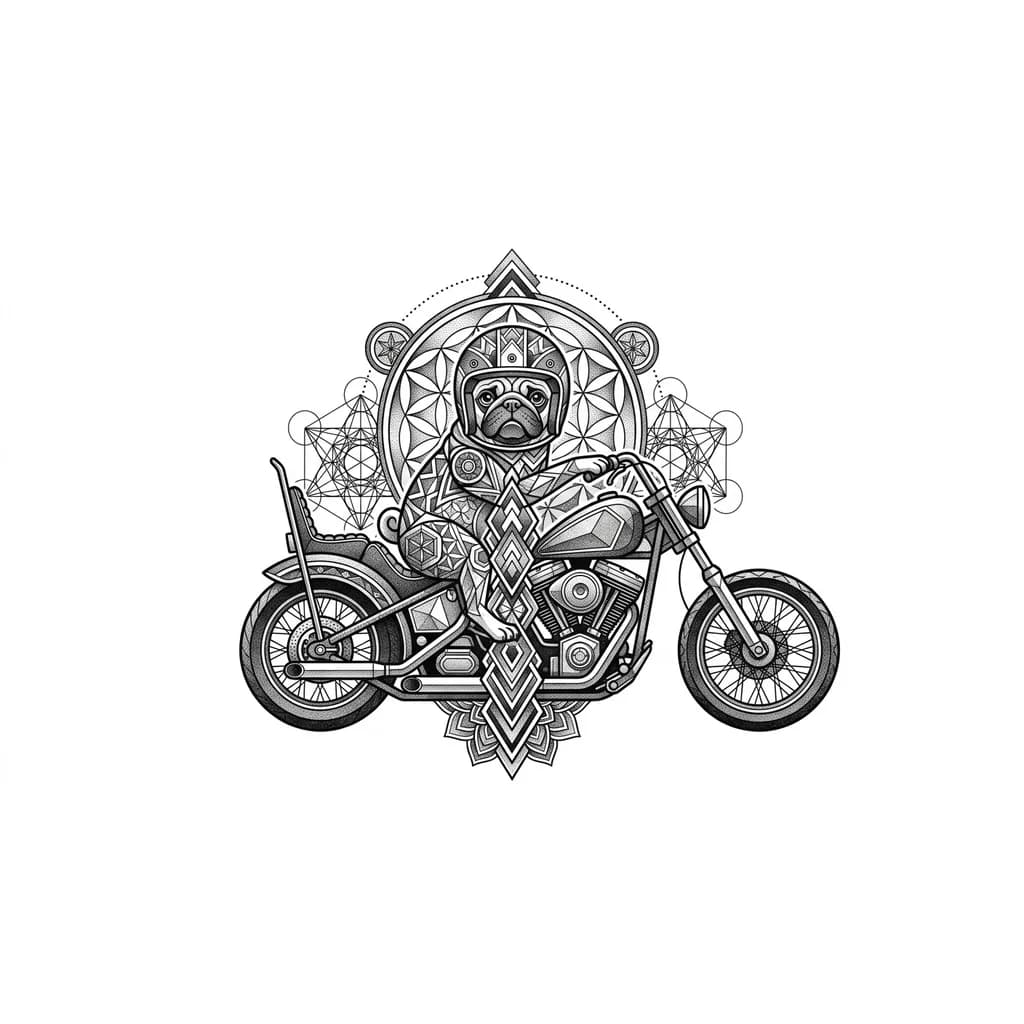 Тату эскиз: Мопс в мото шлеме на мотоцикле