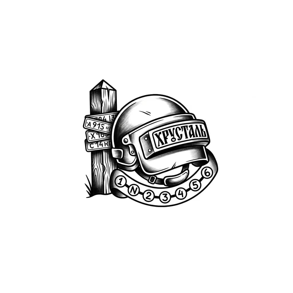 Тату эскиз: Шлем пабг на нем написано хрусталь , вокруг шлема порядок переключения передач на мотоцикле , рядом приграничный столб с госномерами машин 