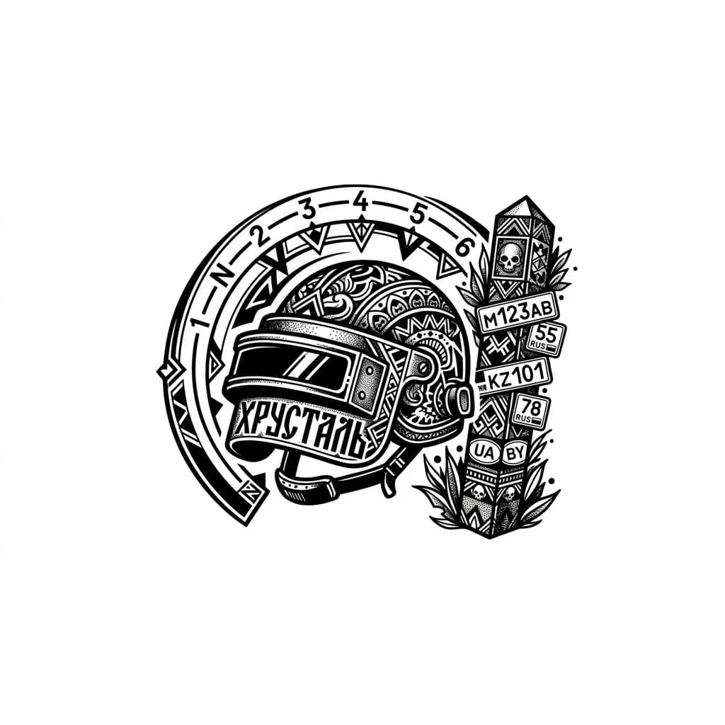 Тату эскиз: Шлем пабг на нем написано хрусталь , вокруг шлема порядок переключения передач на мотоцикле , рядом приграничный столб с госномерами машин 
