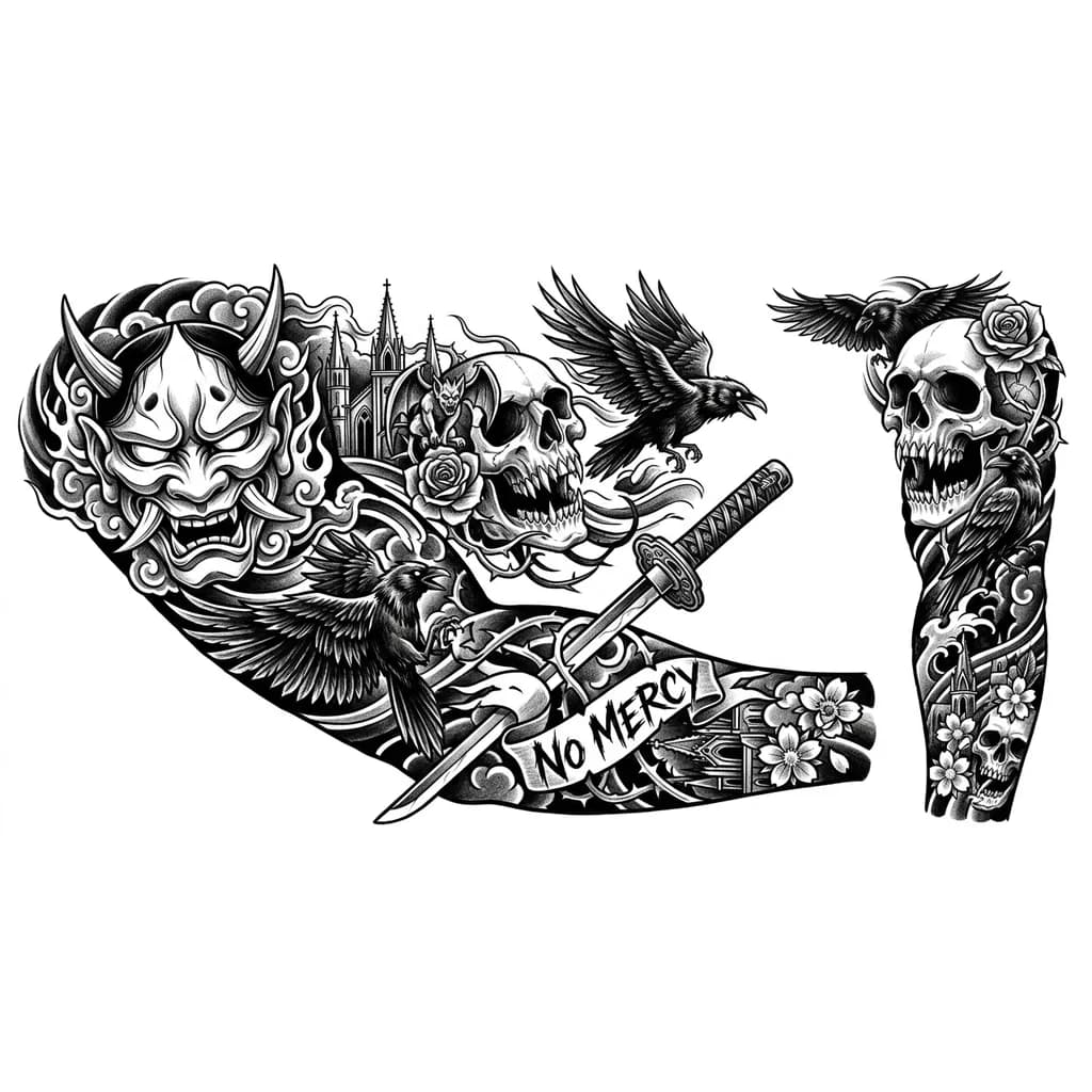 Тату эскиз: Хочу что бы тату было в японском стиле с изображением маски они и двумя человеческими черепами с остренькими зубами а так же катаной, все выполнено в агресивном стиле