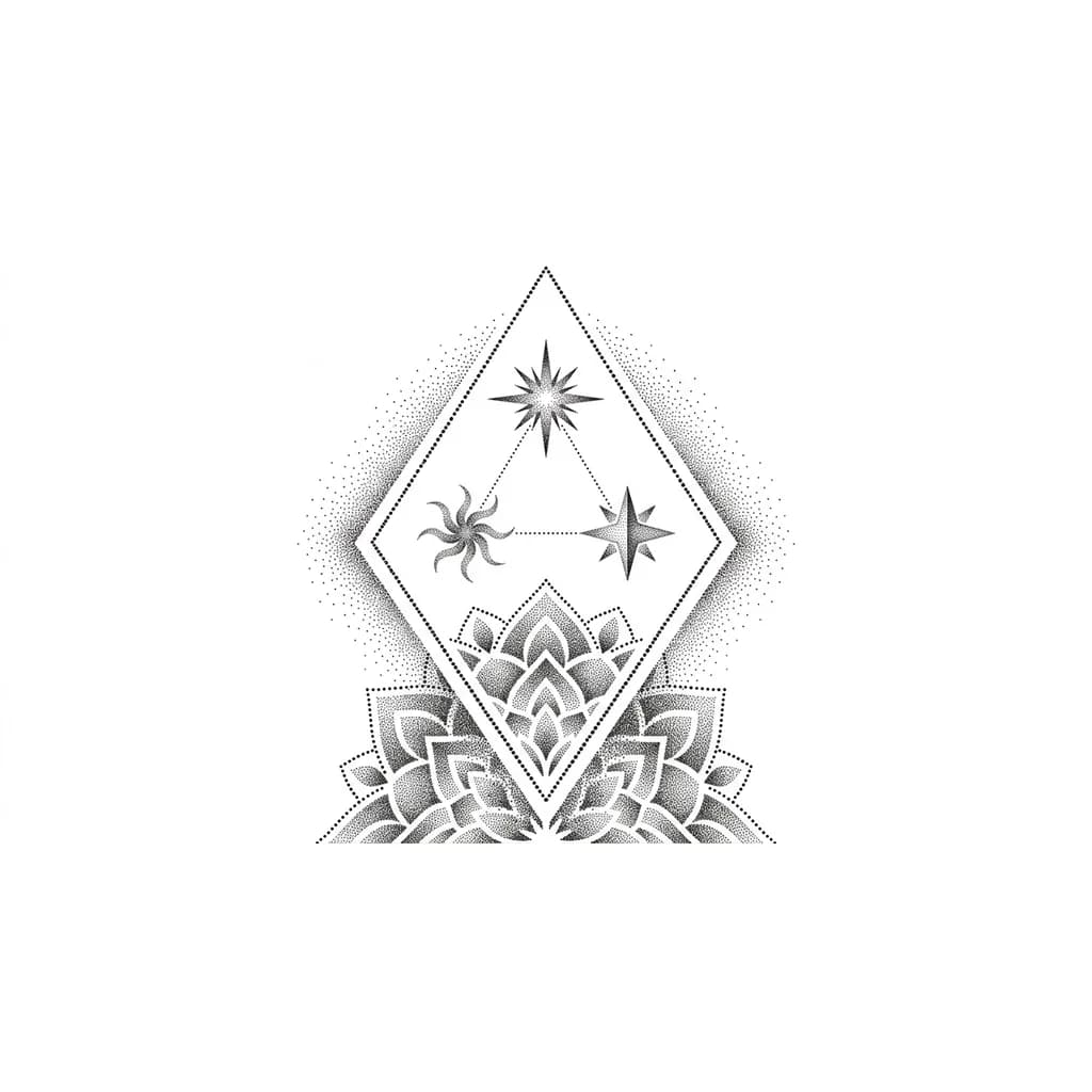 Тату эскиз: Эскиз тату, стиль дотворк. Тонкий ромб из чёрных точек, без сплошной линии. Внутри ромба — три разные маленькие звезды, расположенные треугольником, соединённые тонкими пунктирными линиями: одна звезда с острыми, колючими лучами (Скорпион), одна звезда с мягкими, изогнутыми лучами, похожими на спираль или полумесяц (Рак), одна звезда идеально симметричная, с двумя равными половинками (Весы). Снаружи ромба — точки, которые редеют к краям. Нижняя часть соединяется с мандалой. Чёрно-белый.