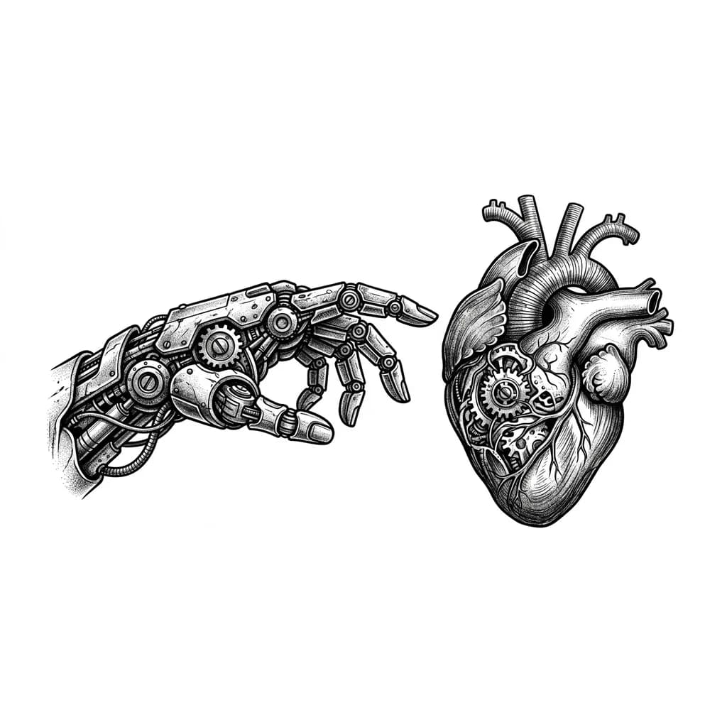 Тату эскиз: Механическая рука тянущиеся к сердцу 