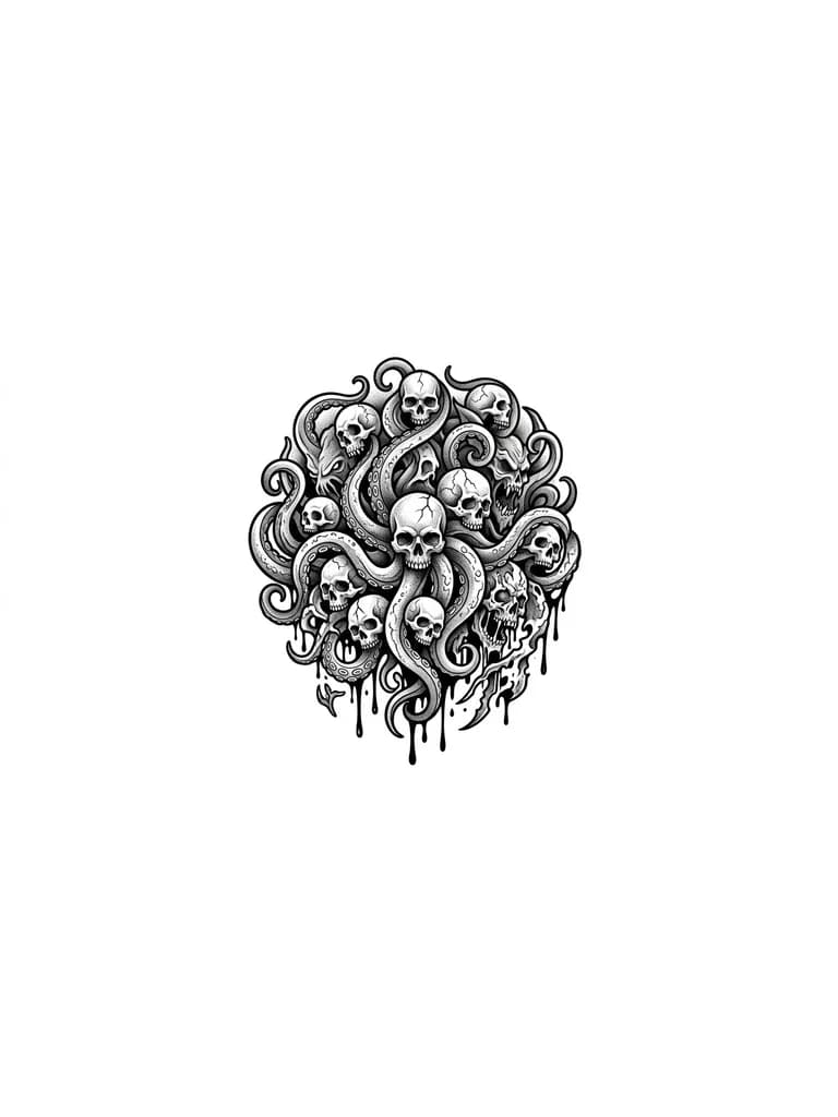 Тату эскиз: Щупальца которые идут от локтя до плеча, в них маленькие и средние черепа, половина из которых закрывают щупальца, а остальные на фоне, мрачная эстетика 