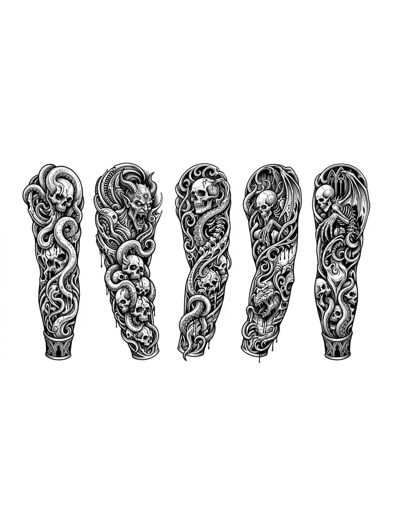 Тату эскиз: Щупальца которые идут от локтя до плеча, в них маленькие и средние черепа, половина из которых закрывают щупальца, а остальные на фоне, мрачная эстетика 