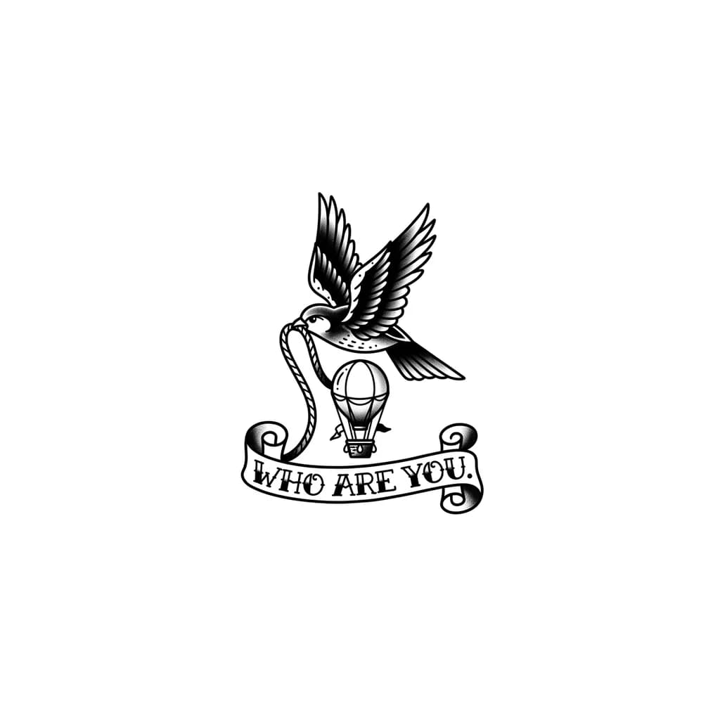 Тату эскиз: Создай тату по песне группы ateez - halazia в стиле минимализм, включить туда:элемент с синей птичкой, шаром, надписью Who are you. Расположение тату предплечье