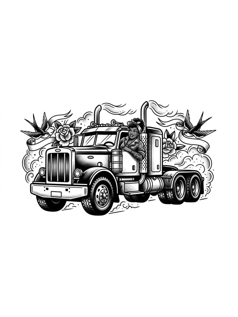 Тату эскиз: Грузовик с девушкой очень черный
