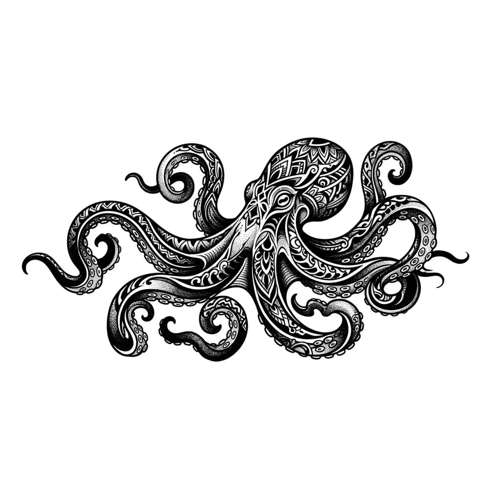 Тату эскиз: Татуировка покрывает предплечье: динамичный дизайн с изображением осьминога и извивающихся щупалец, выполненный в черно-серой гамме. Акценты создаются за счёт плотной заливки, штриховки и точечной растяжки, а негативное пространство придаёт объём и движение.
