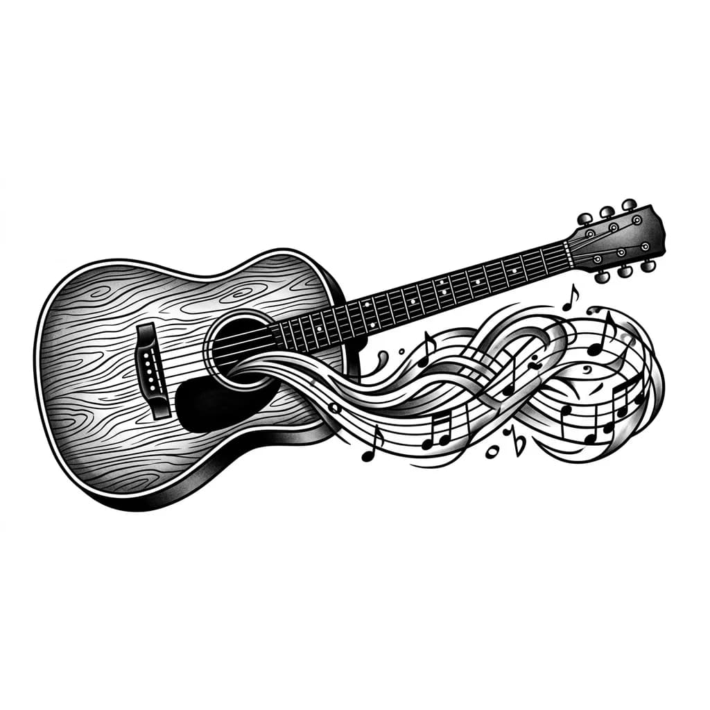 Тату эскиз: An acoustic guitar with flowing sound waves and musical staff lines emerging from its body, intertwining together. Black and white monochrome ink style, detailed wood grain texture on the guitar, flowing organic lines for the sound waves, musical notes scattered throughout. Tattoo flash sheet illustration, white background, high contrast, clean lines