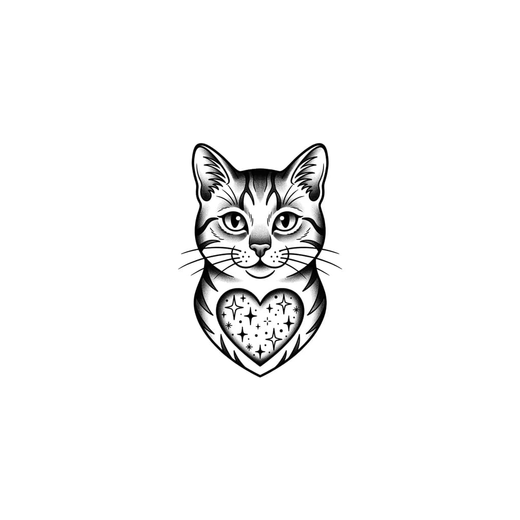 Тату эскиз: A black and white front-facing cat portrait with an open heart visible in chest area filled with twinkling stars and sparkles, cute and loving expression, monochrome ink, detailed shading, romantic and whimsical style, tattoo flash sheet illustration, white background, high contrast, clean lines
