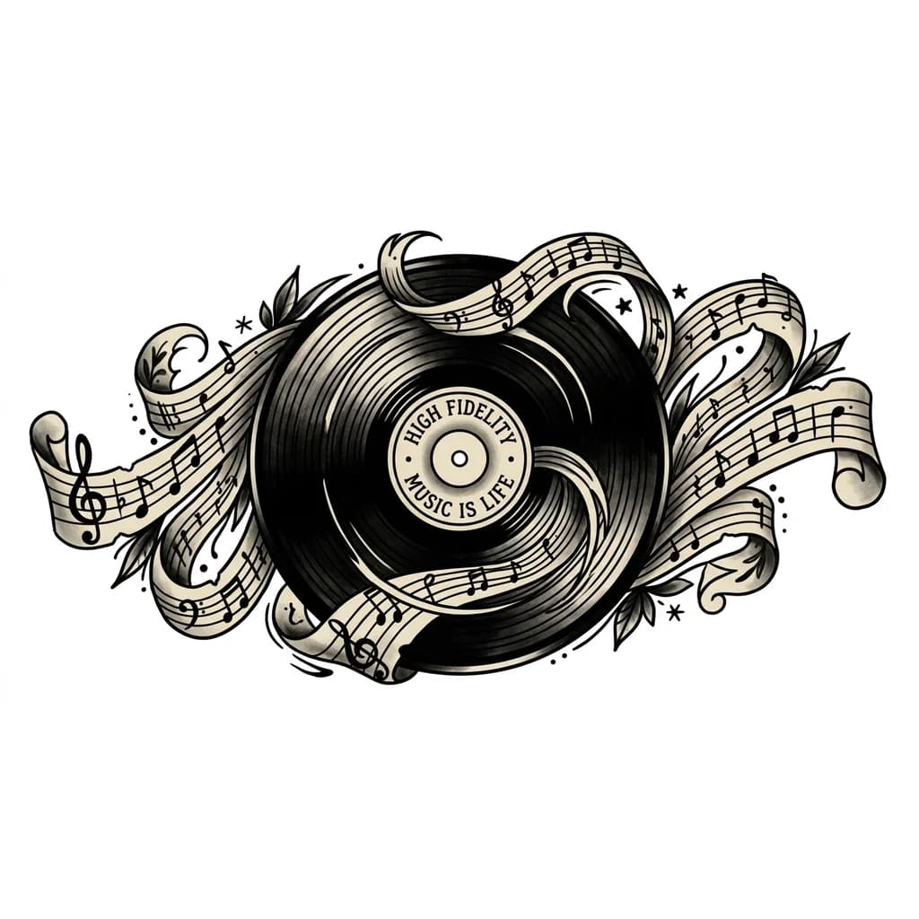 Тату эскиз: Vinyl record with musical notes flowing out in a spiral pattern, black and white monochrome ink style, detailed grooves on the record, flowing sheet music and notes, artistic and elegant, tattoo flash sheet illustration, white background, high contrast, clean lines