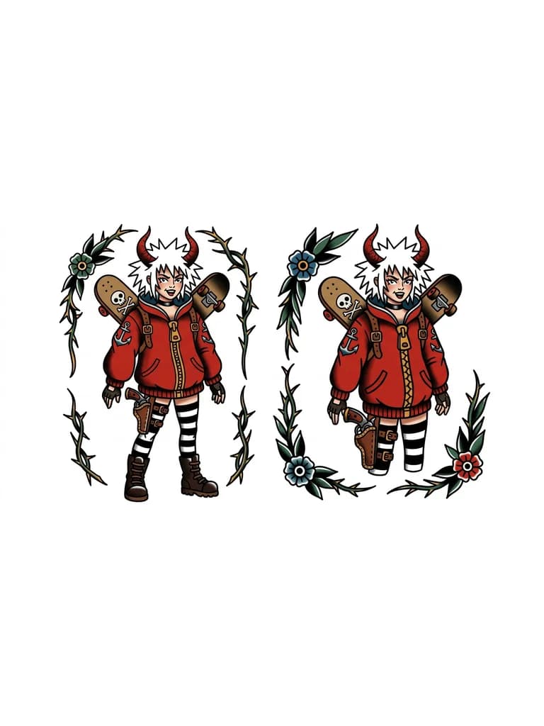 Тату эскиз: Silly Polly Beast создать персонажа из видеоигры (Полли).
Нужны рога на голове как из самой видеоигры, красный пиджак, скейт на за спиной, кабура на бедре, чулки, белые волосы