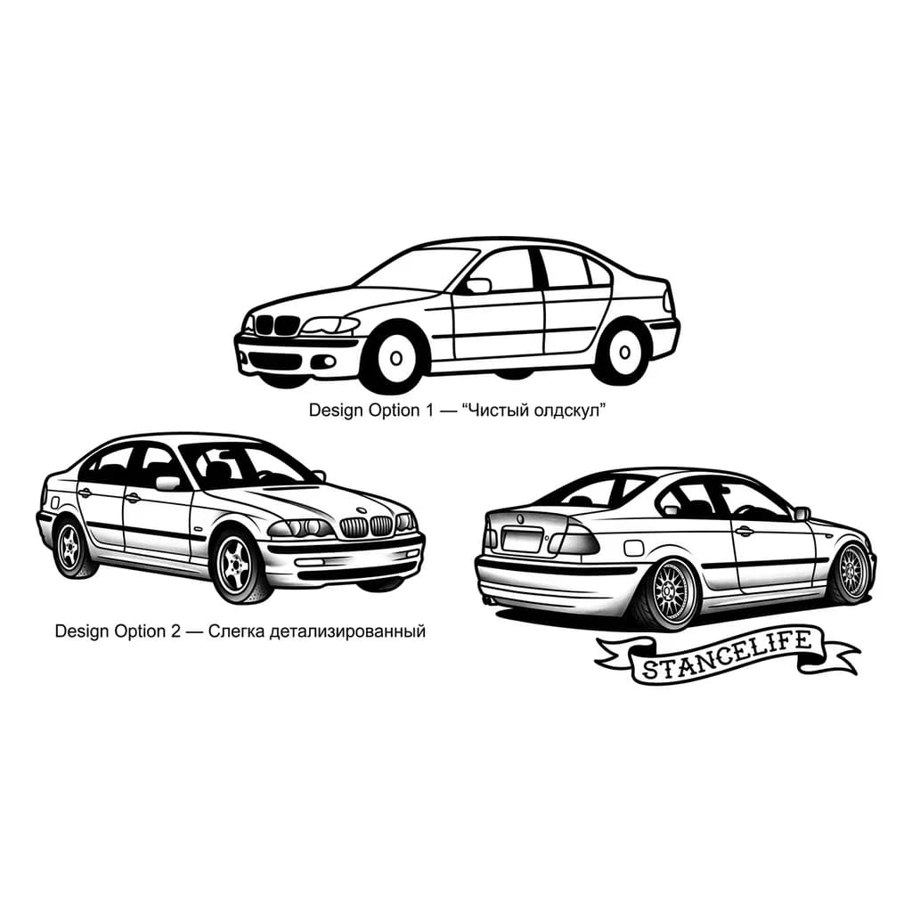 Тату эскиз:  бмв е46 Вариант 1 — «Чистый олдскул»
	•	жирный контур
	•	почти без теней
	•	максимально простой
	•	акцент на силуэте
👉 самый «тату-классический», как на референсе

Вариант 2 — «Слегка детализированный»
	•	жирный контур + немного внутренних линий
	•	лёгкие тени (олдскул штрих)
	•	подчёркнуты фары, диски
👉 выглядит живее, но всё ещё чисто под тату

Вариант 3 — «Стенс/занижение»
	•	сильнее занижена
	•	шире колёса + лёгкий развал
	•	минимализм, но с вайбом stance
👉 более агрессивный стиль