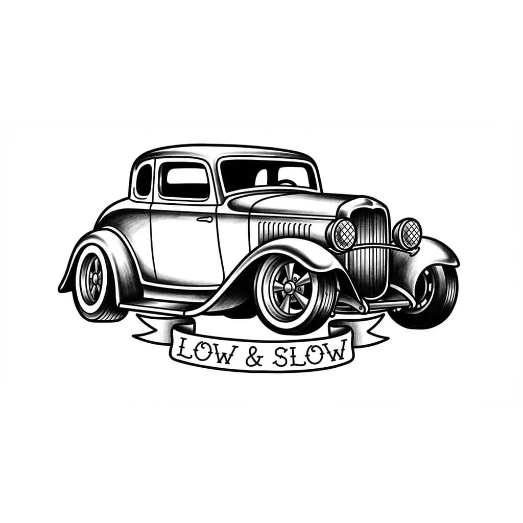 Тату эскиз: 
Вариант 2 — «Слегка детализированный»
	•	жирный контур + немного внутренних линий
	•	лёгкие тени (олдскул штрих)
	•	подчёркнуты фары, диски
👉 выглядит живее, но всё ещё чисто под тату

Вариант 3 — «Стенс/занижение»
	•	сильнее занижена
	•	шире колёса + лёгкий развал
	•	минимализм, но с вайбом stance
👉 более агрессивный стиль