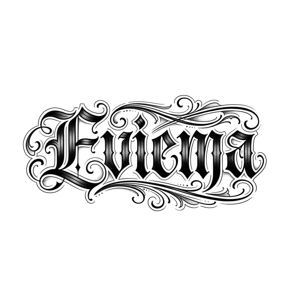 Тату эскиз: нужна надпись “Eviema” в стиле Blackletter flourishing tattoo без дополнительных деталей 