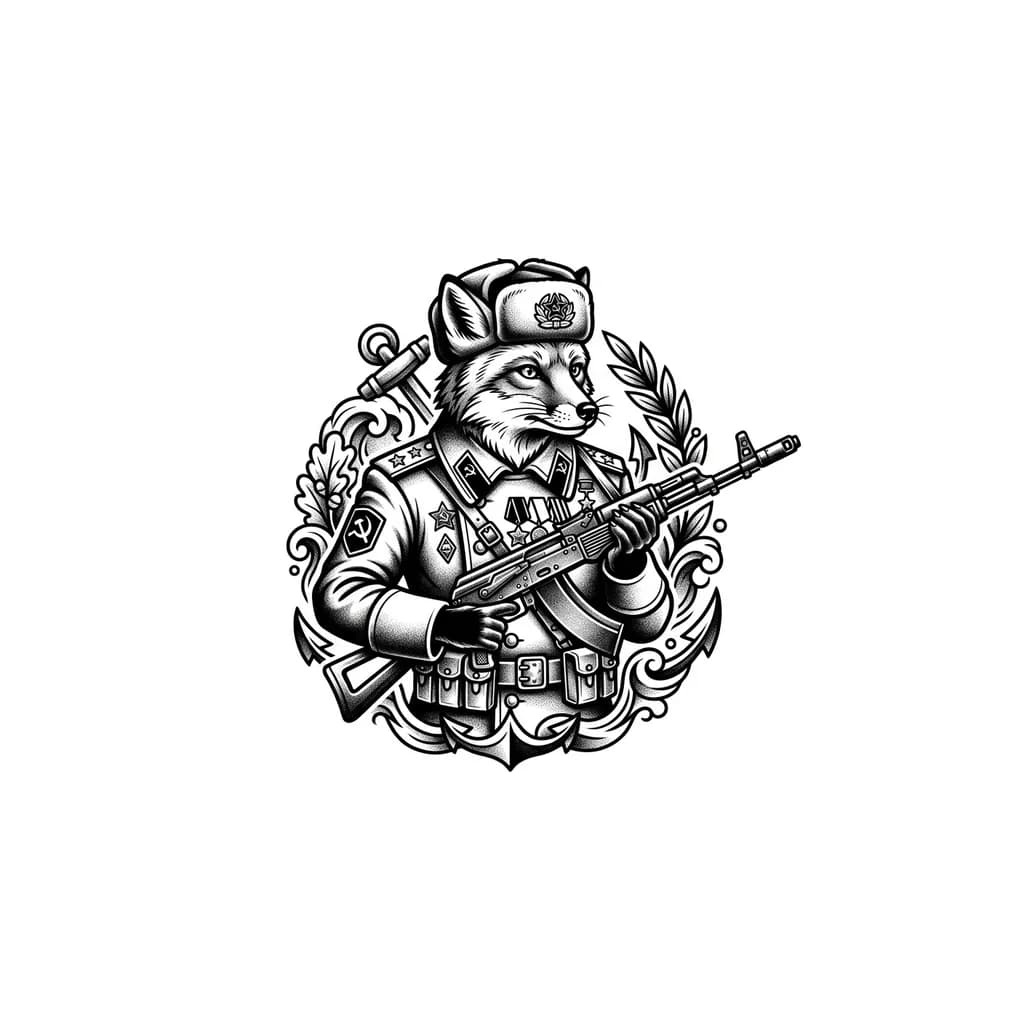 Тату эскиз: Сделай фото красивого лисёнока в российской военной форме с ак-74