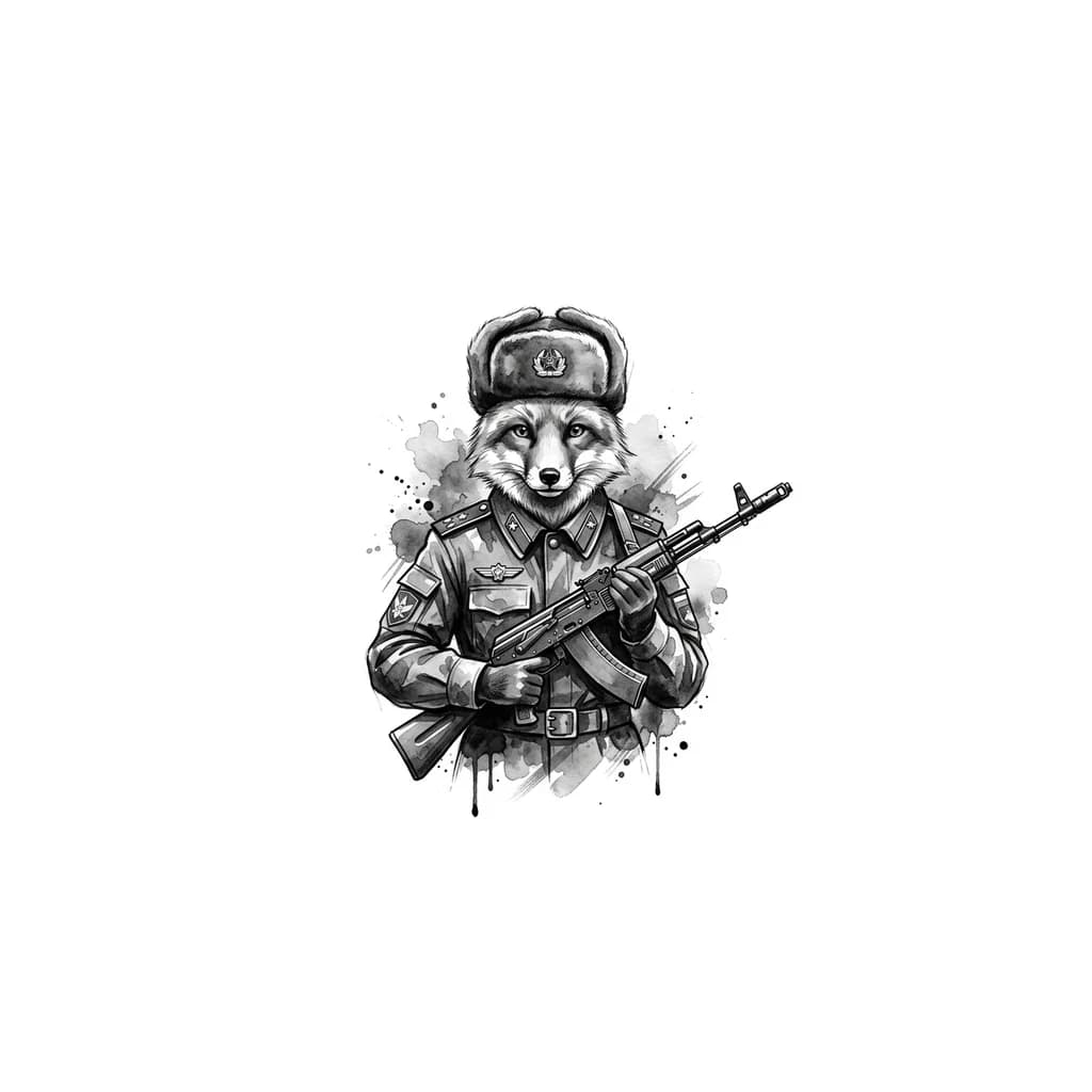 Тату эскиз: Сделай фото красивого лисёнка в российской военной форме с ак-74