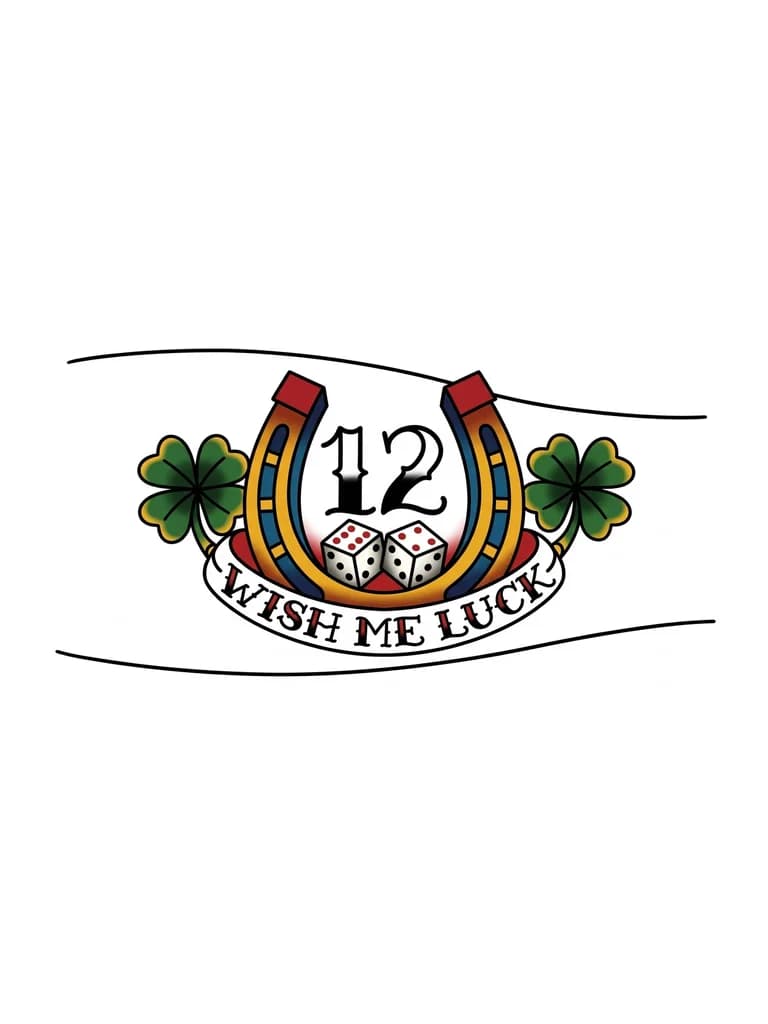 Тату эскиз: Цифра 12 заключенная в перевернутую подкову, у основпния цифры две игральные кости, с 6 точками повернутыми вверх каждая, по у окончаний подклаы с каждой стороны 4-листный клевер, под подковой, повторяя ее контуры надпись wish me luck